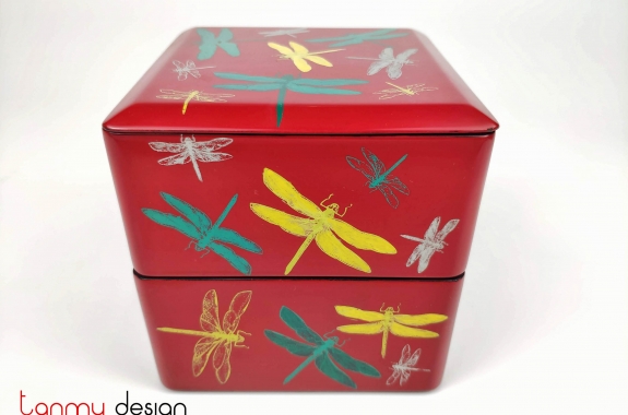  2-tier square red box with hand painted dragonfly 12xH12cm